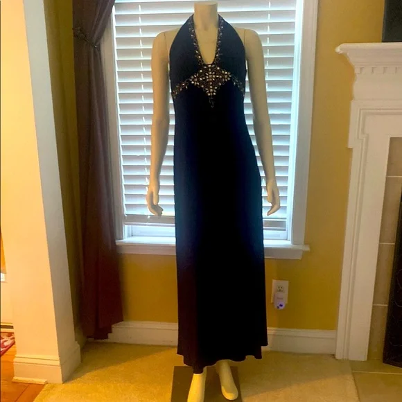 Dusk by Sheila Yen Gorgeous Elegant Navy Blue Formal Prom Halter Gown Dress sz 4 - Picture 1 of 7